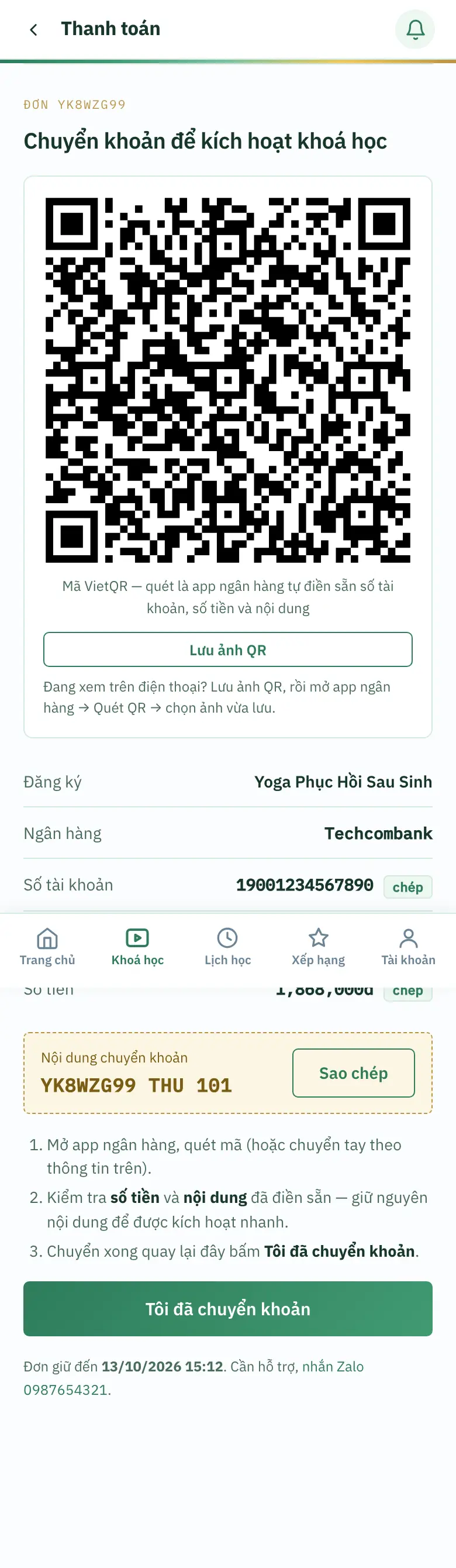 Màn Thanh toán trên điện thoại: QR, Lưu ảnh QR, nội dung chuyển khoản, nút Tôi đã chuyển khoản