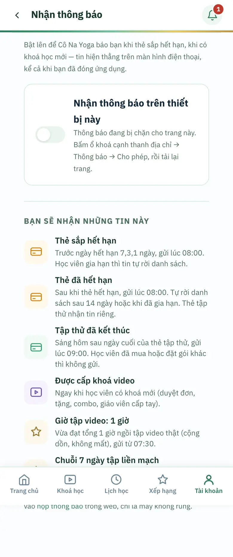 Màn Nhận thông báo trên điện thoại: công tắc Nhận thông báo trên thiết bị này và danh sách Bạn sẽ nhận những tin này